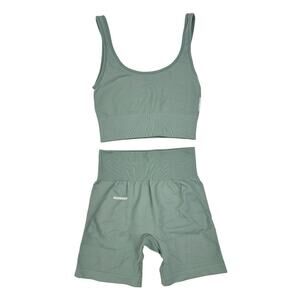 Second Left - Seamless Low Back Crop Top and Seamless Bike Shorts in Sage Green